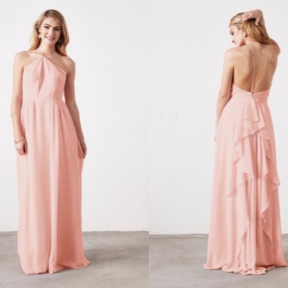 NWT Adrianna Papell Elegant Pink Chiffon Halter Backless Maxi Dress Size 0